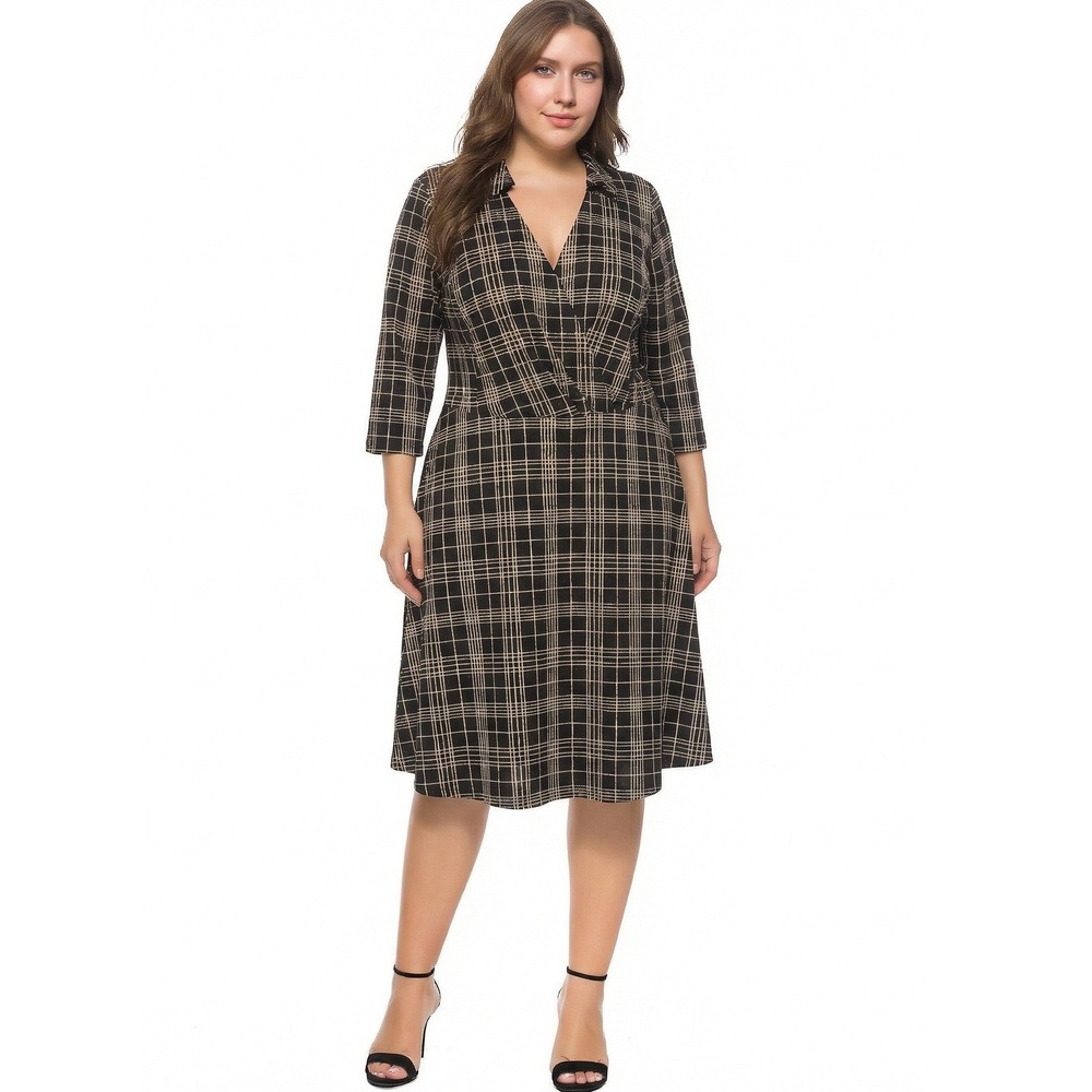 London Times Plaid Surplice Dress Women 20W Black Tan Excellent 3/4 Sleeve Wrap